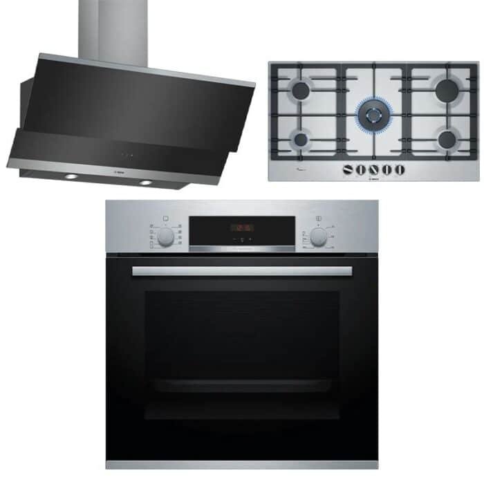 Bosch Series 4 Built-in Oven - 60cm - Stainless Steel - HBJ534ES0 + Bosch Series 2 Wall Mounted Cooker Hood - 90cm - Black - DWK095G60 + Bosch Series 6 Gas Hob - 90cm - Stainless Steel - PCR9A5B90 - Image 1