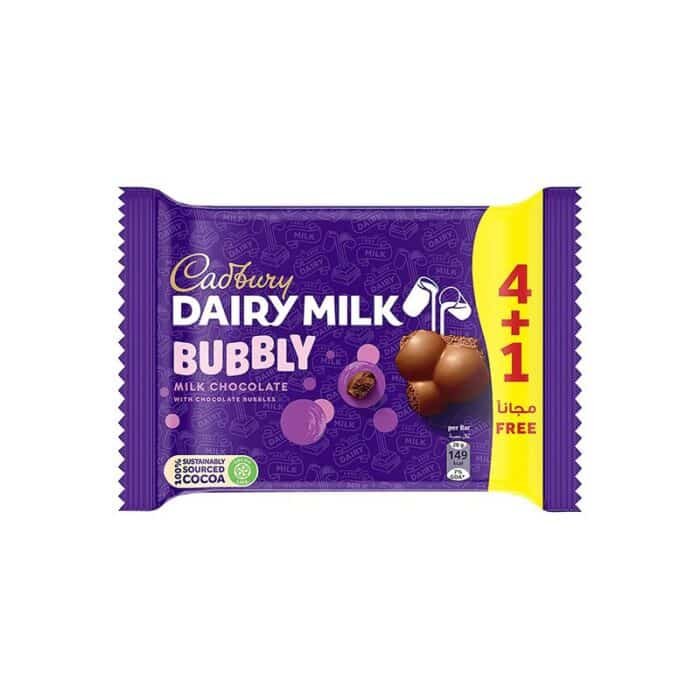 Cadbury Dairy Milk Bubbly Chocolate - 28g x 4 Pieces + 1 Free - Image 1