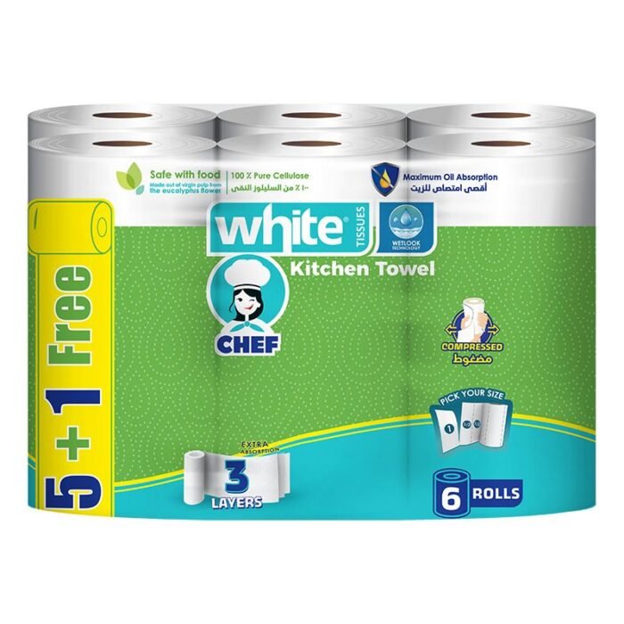 White Chef Compressed Kitchen Towel Papers 3 ply - 6 Rolls - Image 1